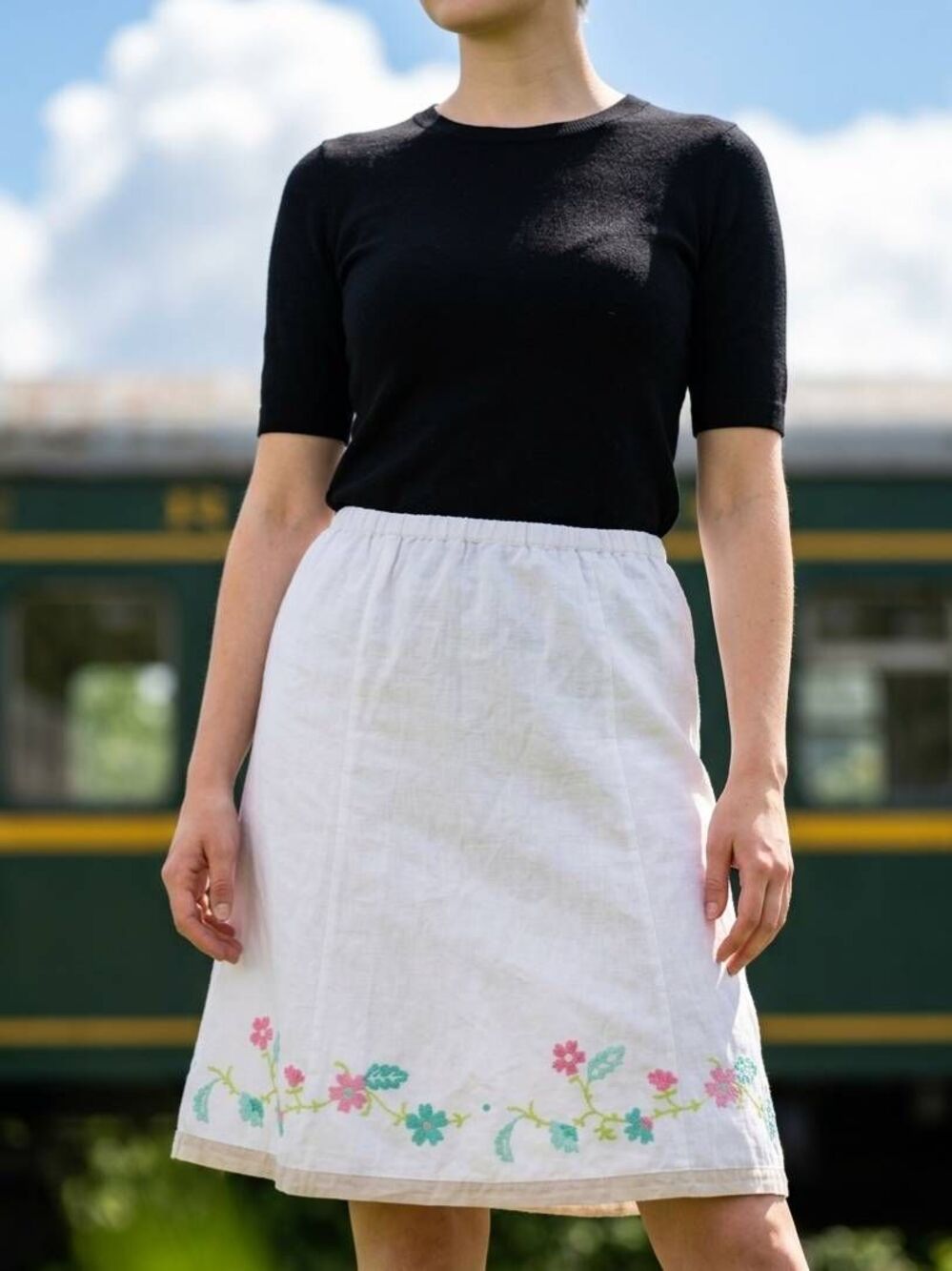 🔥Sigrid Olsen Cream Embroidered Floral Linen Skirt Medium